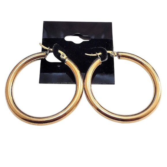 1 1/2" Wide Tube Hoop Pierced Post Stud Earrings Gold Tone 39mm Thick 4mm Band - Picture 3 of 4